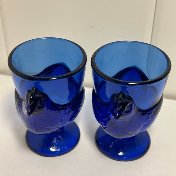 Arcoroc France Vintage Cobalt  Blue Glass Chicken Egg Cup Holders Hen On Nest 2 - Picture 7 of 16